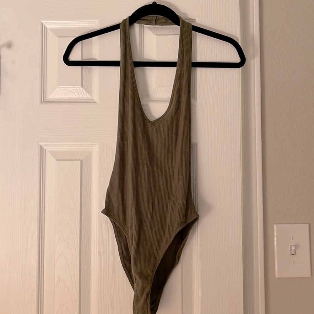 Olive green halter bodysuit from Urban Outfitters. Open back. Size small.